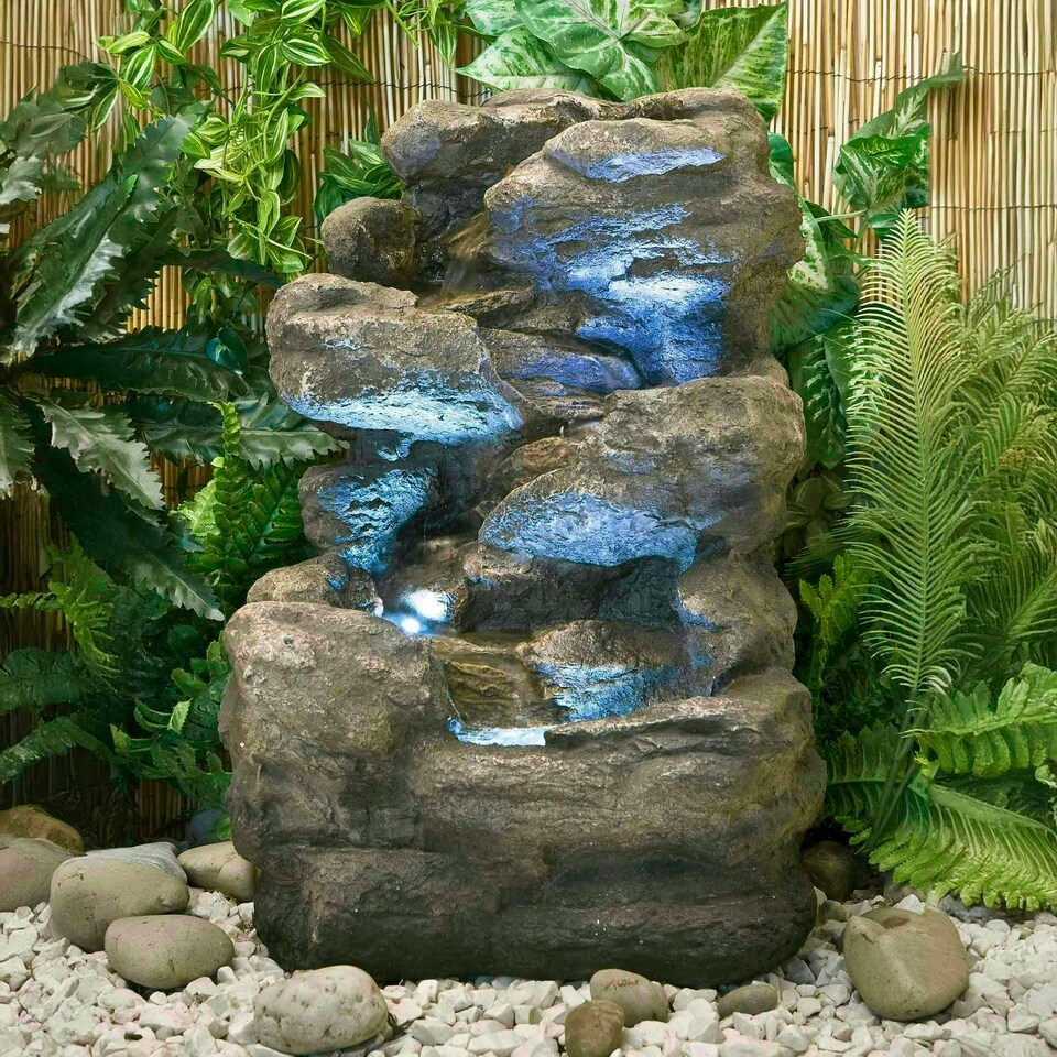 image 1 of Primrose 4 Tier Rock Falls Patio Garden Water Feature with LED Lights 54cm
