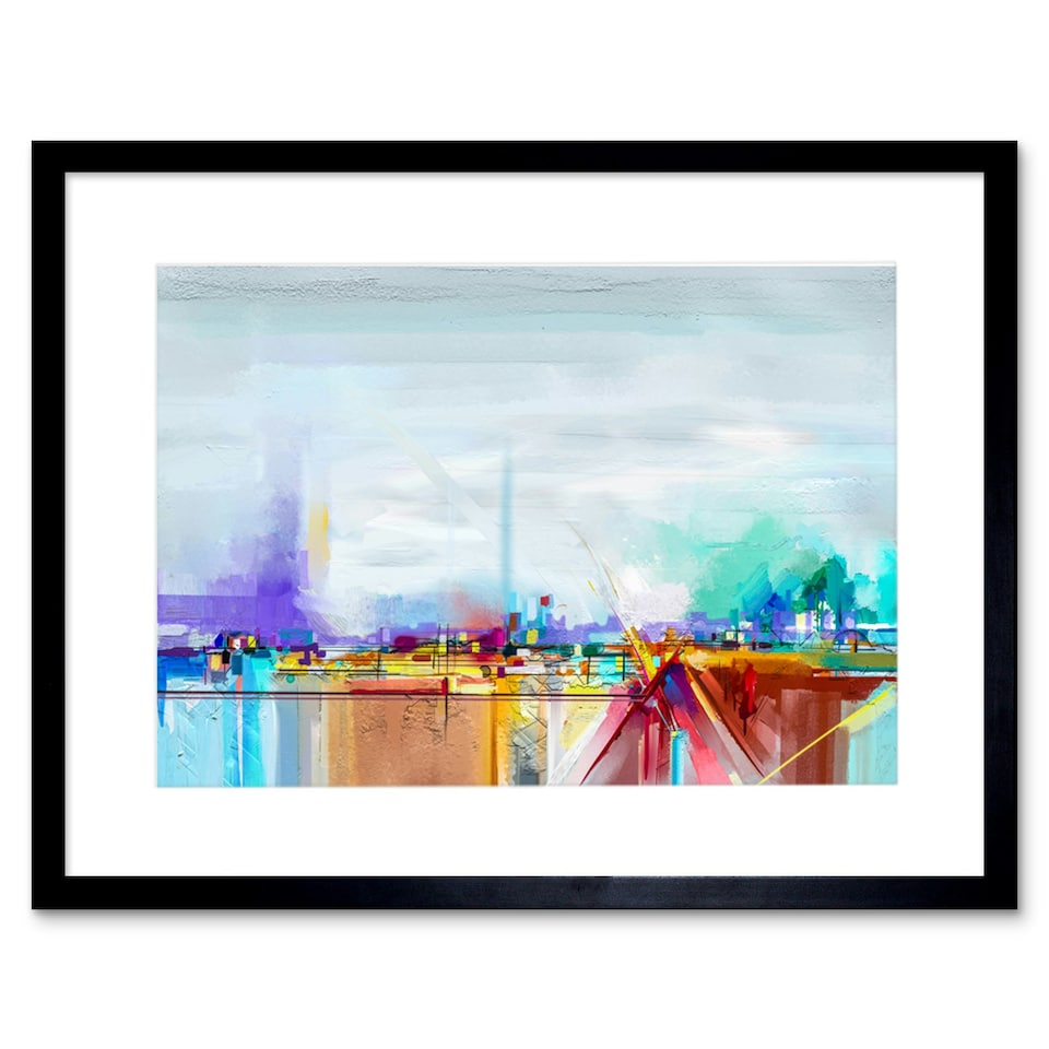 image 1 of Colourful Abstract Harbour Landscape Oil Painting 9x7" Black Framed Wall Art Print