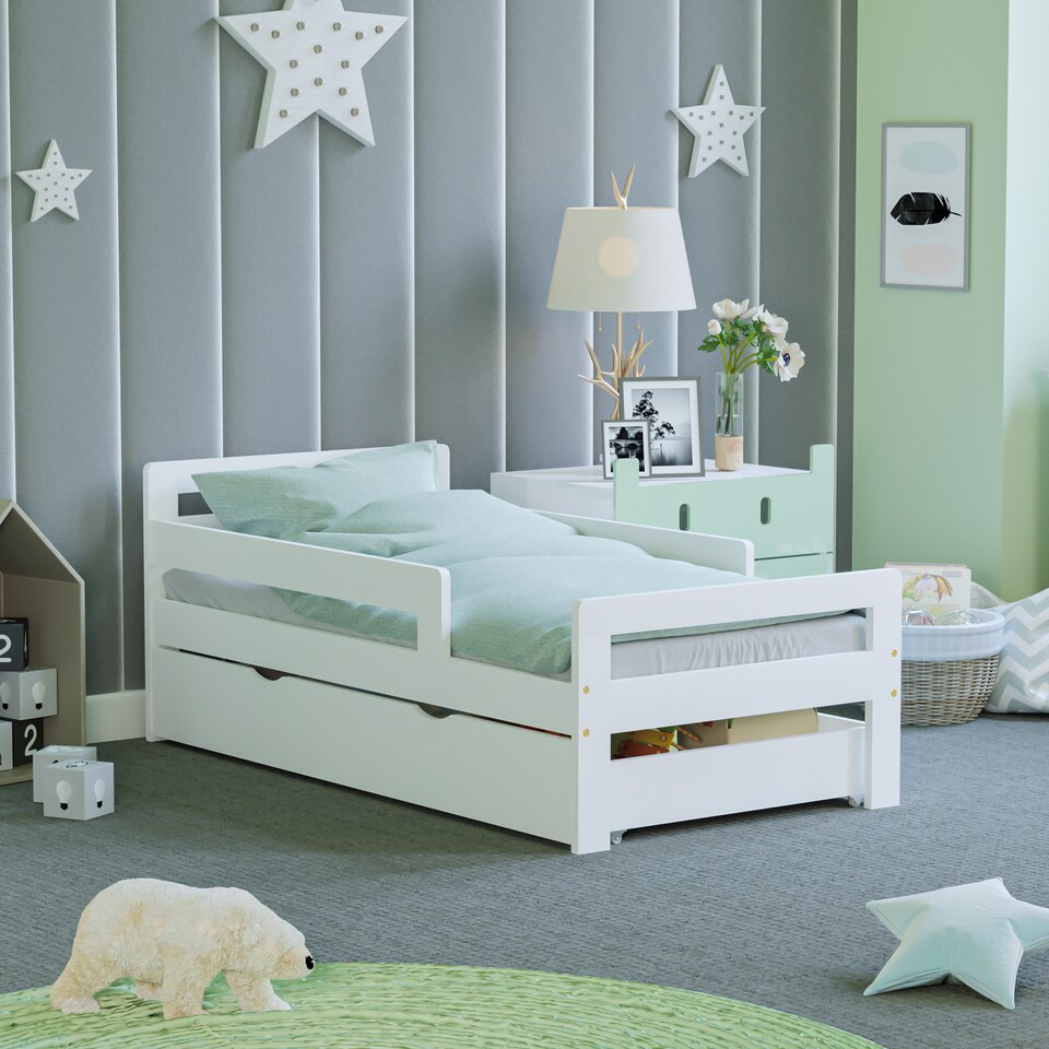 image 1 of Junior Vida Taurus Toddler Bed With Storage Drawer, White, 70 x 140cm
