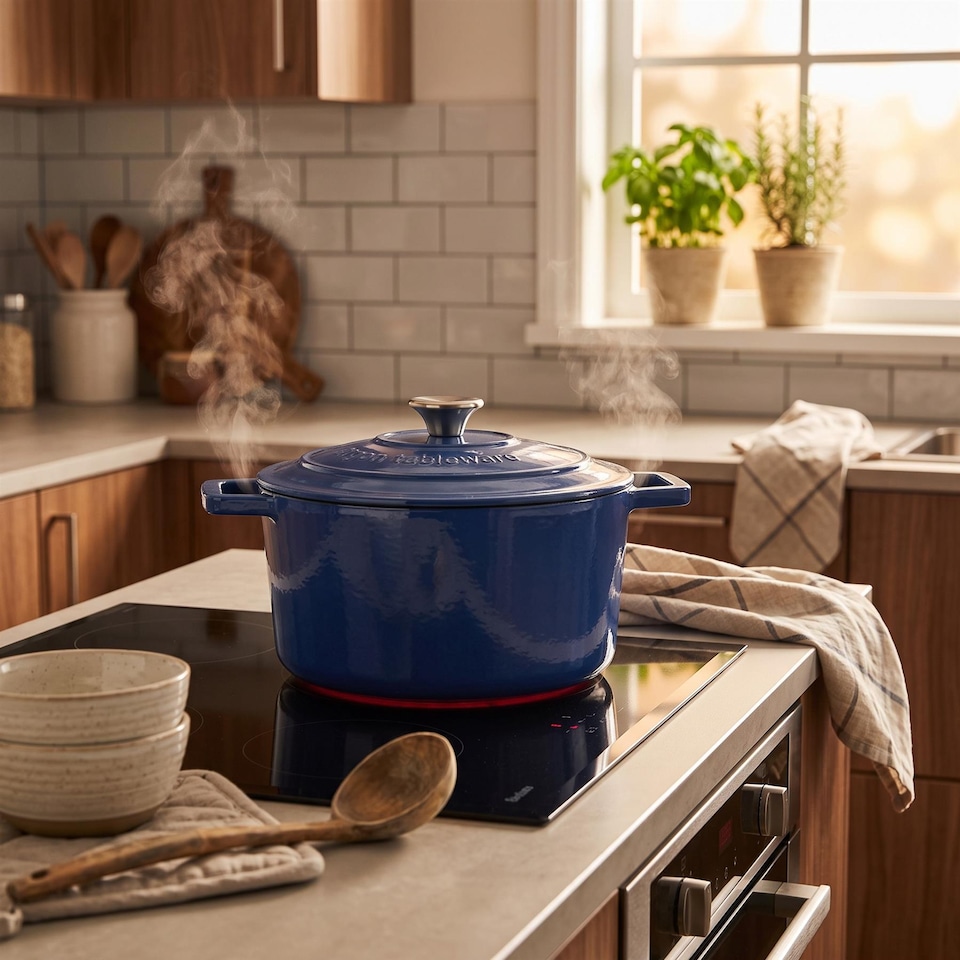 image 1 of Argon Tableware 4.5L Round Cast Iron Casserole Dish with Self-Basting Lid - 4.75QT Dutch Oven Roasting Dish Pot | Blue | Midnight Blue | 2