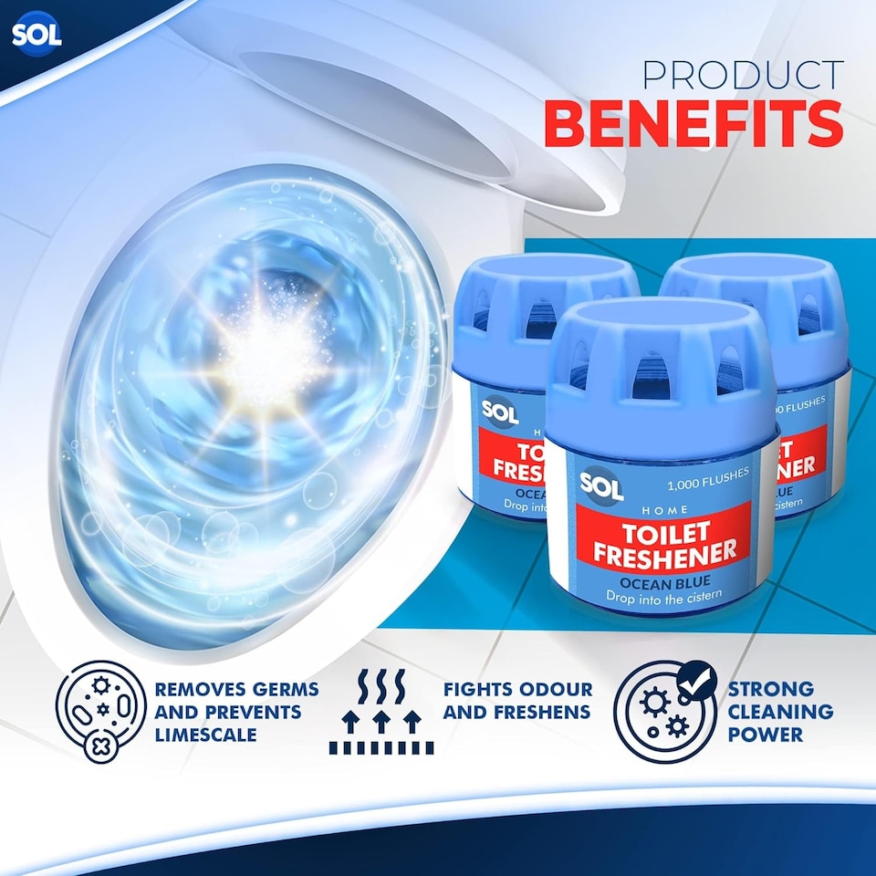 image 1 of 6pk x 70g Toilet Fresheners – Ocean Scented Blue Cistern Blocks, Lasts 1000 Flushes, Prevents Limescale & Cleans for Fresh Bathroom Air