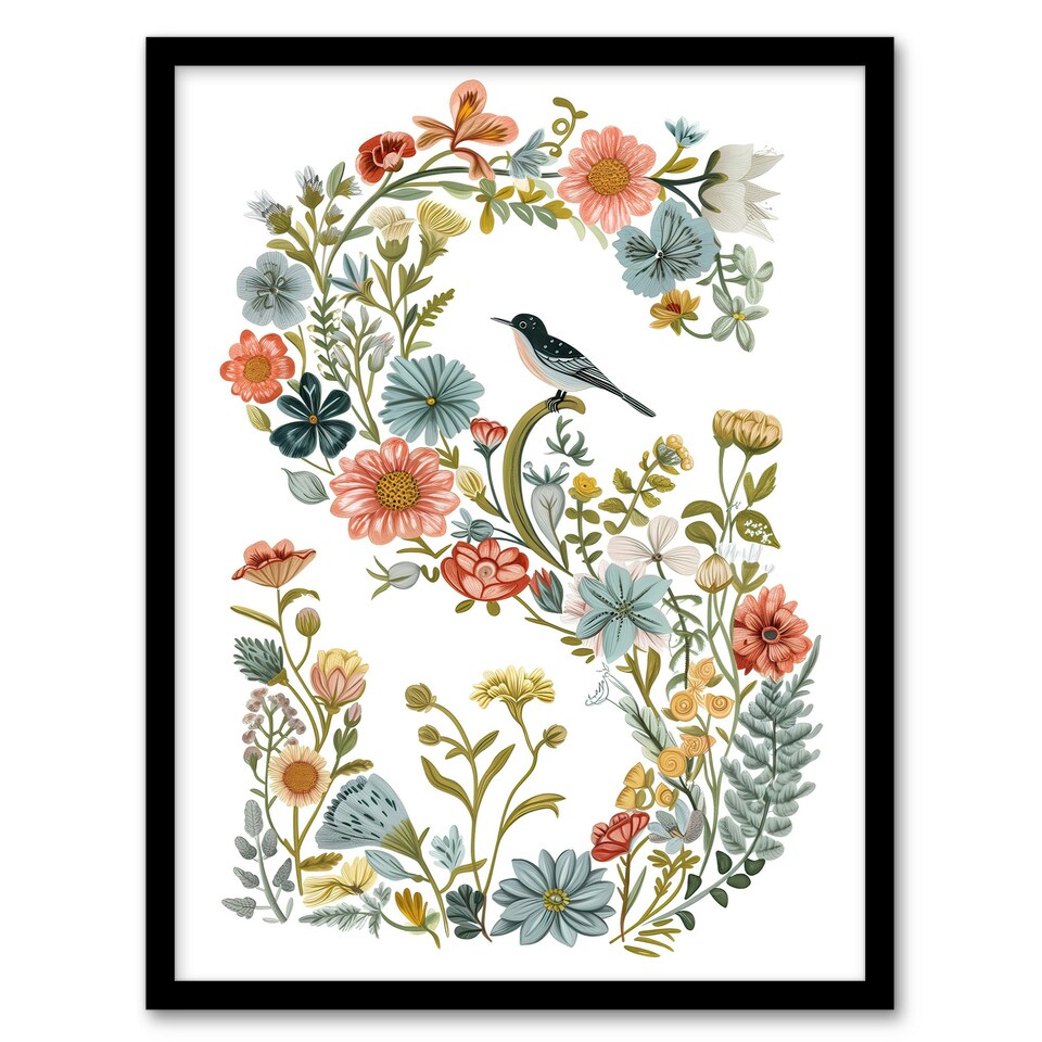 image 1 of Letter S Bird Elegant Floral Birthday Gift Mum Black Framed Wall Art Print A4