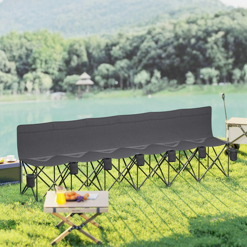 image 1 of Outsunny 6 Seater Folding Bench Camping Chair with Cup Holder, Charcoal Grey Grey | Charcoal grey
