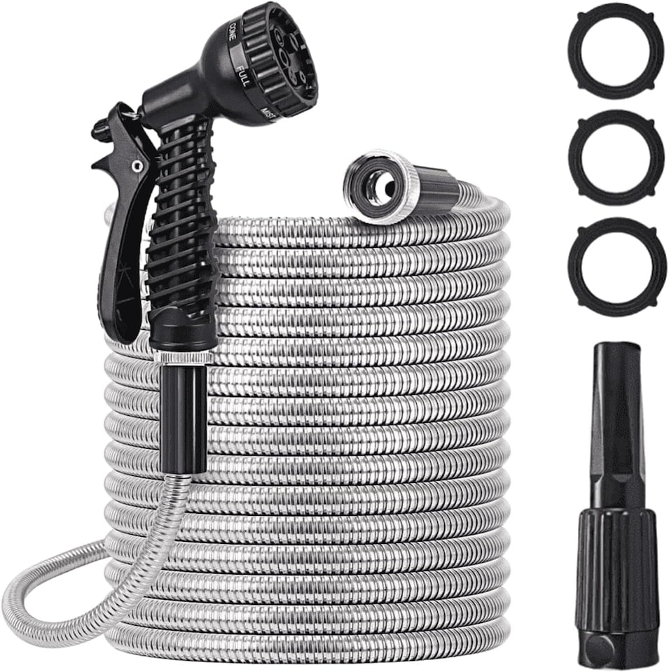 image 1 of 100FT Garden Hose Pipe Stainless Steel Lightweight Durable Strong Kink Free Leakproof Rust-Proof Spray Water Gun HosePipe Reel 30M