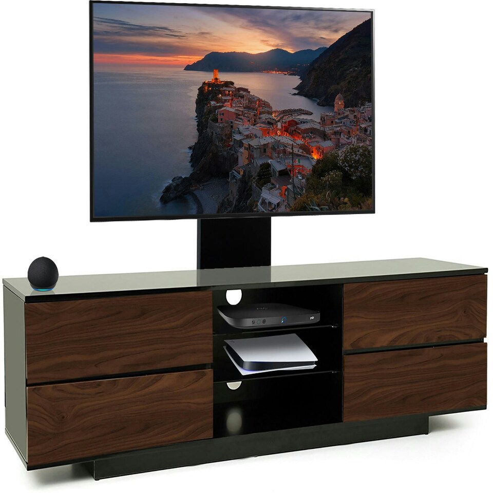 image 1 of Centurion Supports AVITUS Gloss Black with 4-Walnut Drawers for up to 65" LED/LCD/Plasma TV Stand with Mounting Arm Black