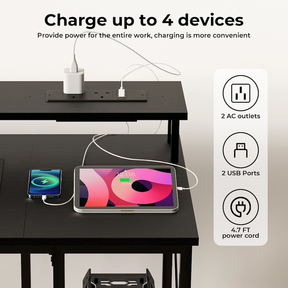 image 1 of Levede Gaming Desk Computer Table with Monitor Shelf Power Outlets RGB Light