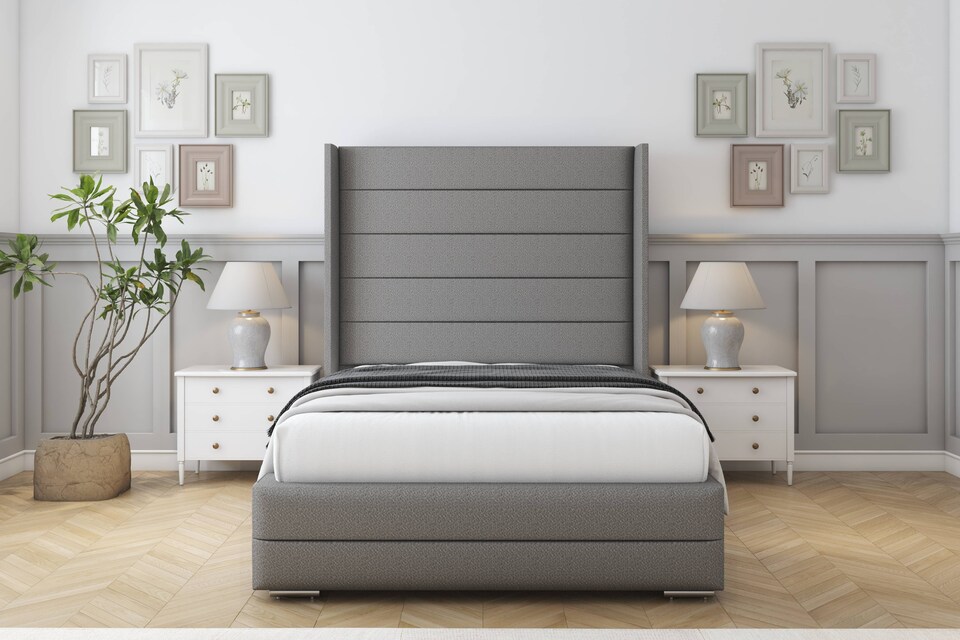 image 1 of Sloomy Sterling Pewter Dumfries Bed Frame With Mattress With 50"  Upholstered Wingback Headboard 4' Small Double
