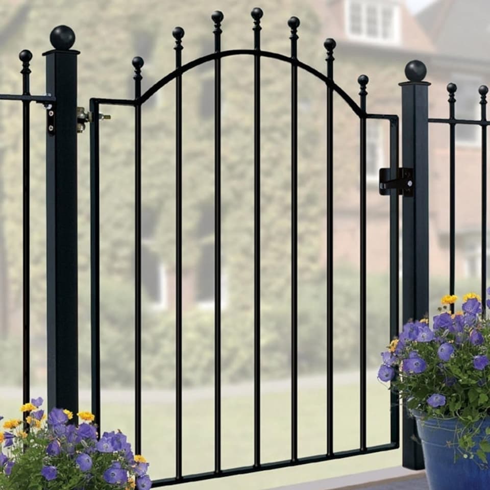 image 1 of Manor-Weston Low Ball Top Single Gate - Solid Steel - Fits Gap of 955 mm x 1041 mm High - Electro Galvanised/Black Powder Coated Black