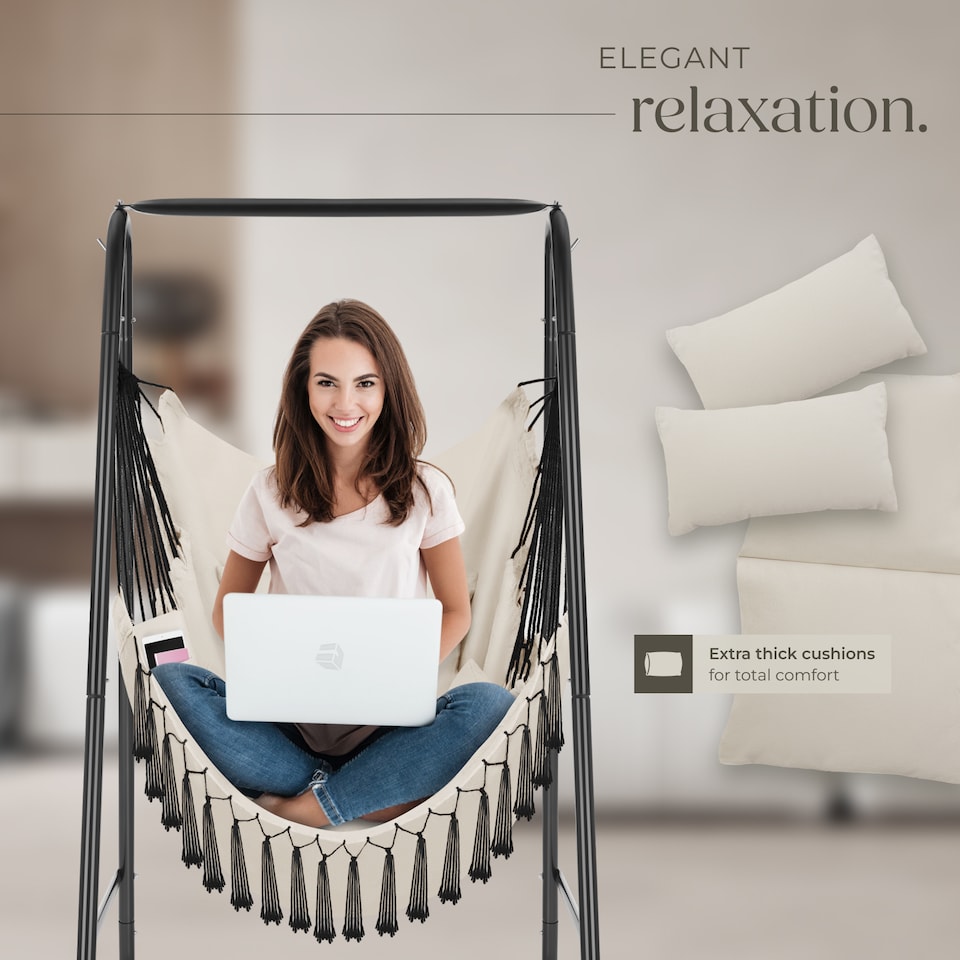 image 1 of Swing Chair Alison - 3 thick pillows, boho style, book pocket and 160kg load capacity | Cream | beige | 1