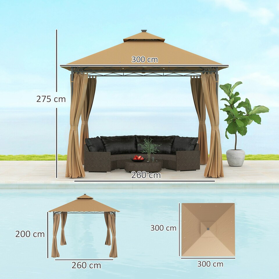 image 1 of Outsunny 3 x 3 m Double Roof Outdoor Gazebo with Curtains, Brown