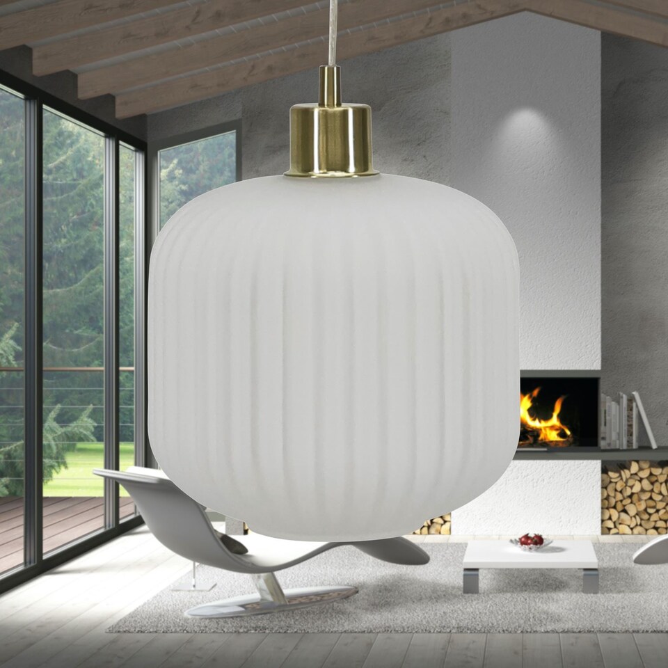 image 1 of Set of 2 Bento - White Ribbed Glass with Satin Brass Pendant Fittings | Gold | White | 2
