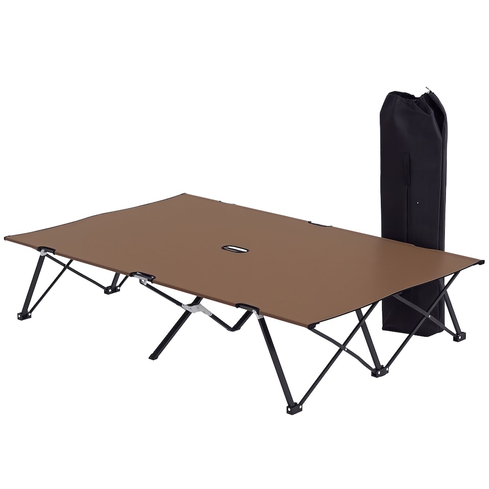 image 1 of Outsunny Double Camping Folding Cot Portable Sleeping Bed, Charcoal Khaki | Brown | Brown
