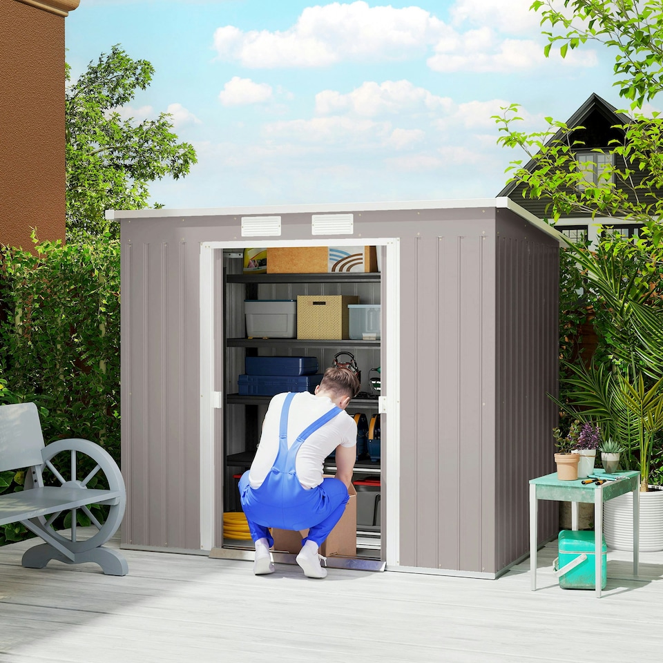 image 1 of Outsunny 7 x 4ft Metal Garden Storage Shed w/ Double Door Grey