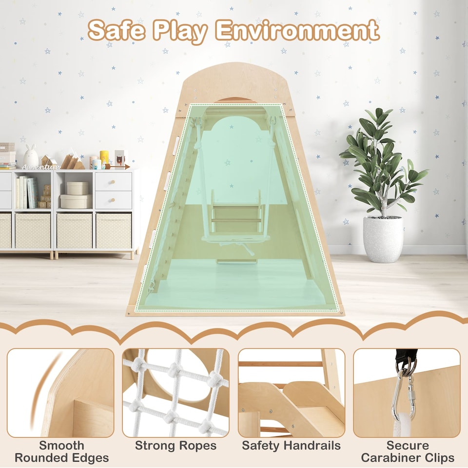 image 1 of COSTWAY 8-in-1 Indoor Jungle Gym Wooden Playground with Climbing Wall-Natural