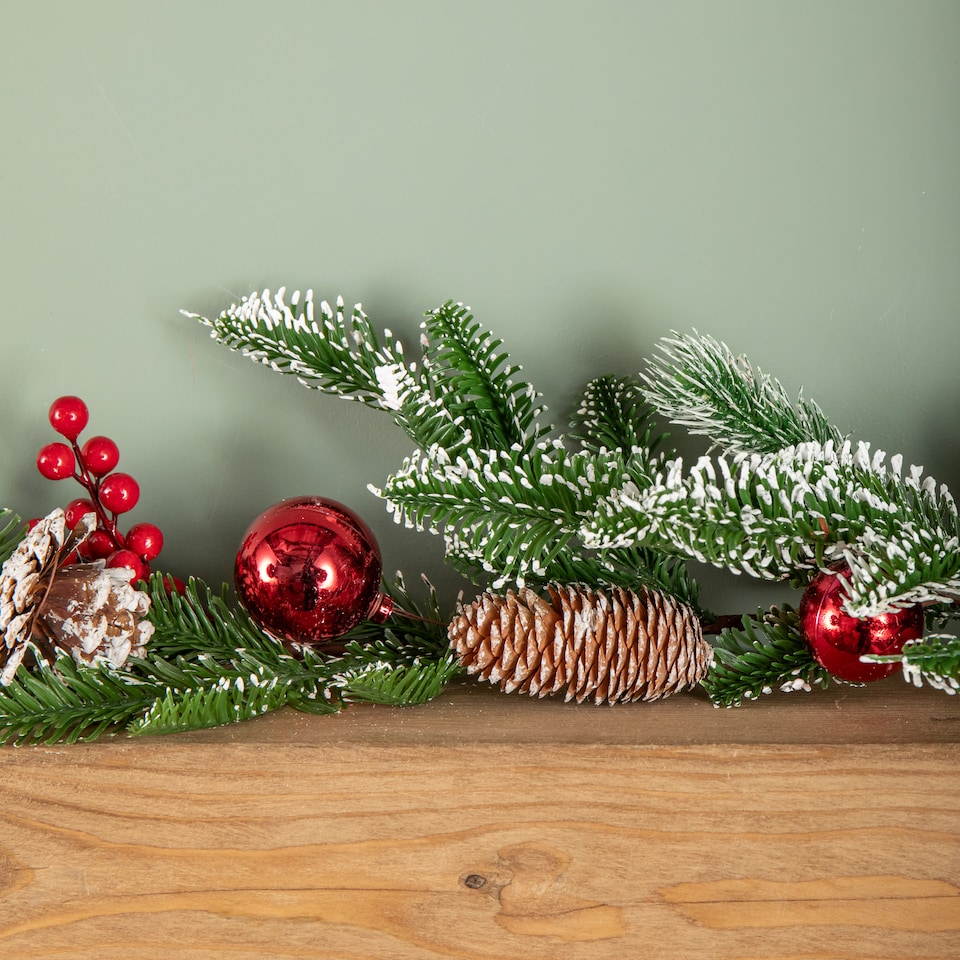 image 1 of 1.9m Christmas Frosted Pinecone Garland with Red Berries and Baubles