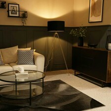 ValueLights Aero Polished Gold Floor Lamp with Large Black Drum Shade