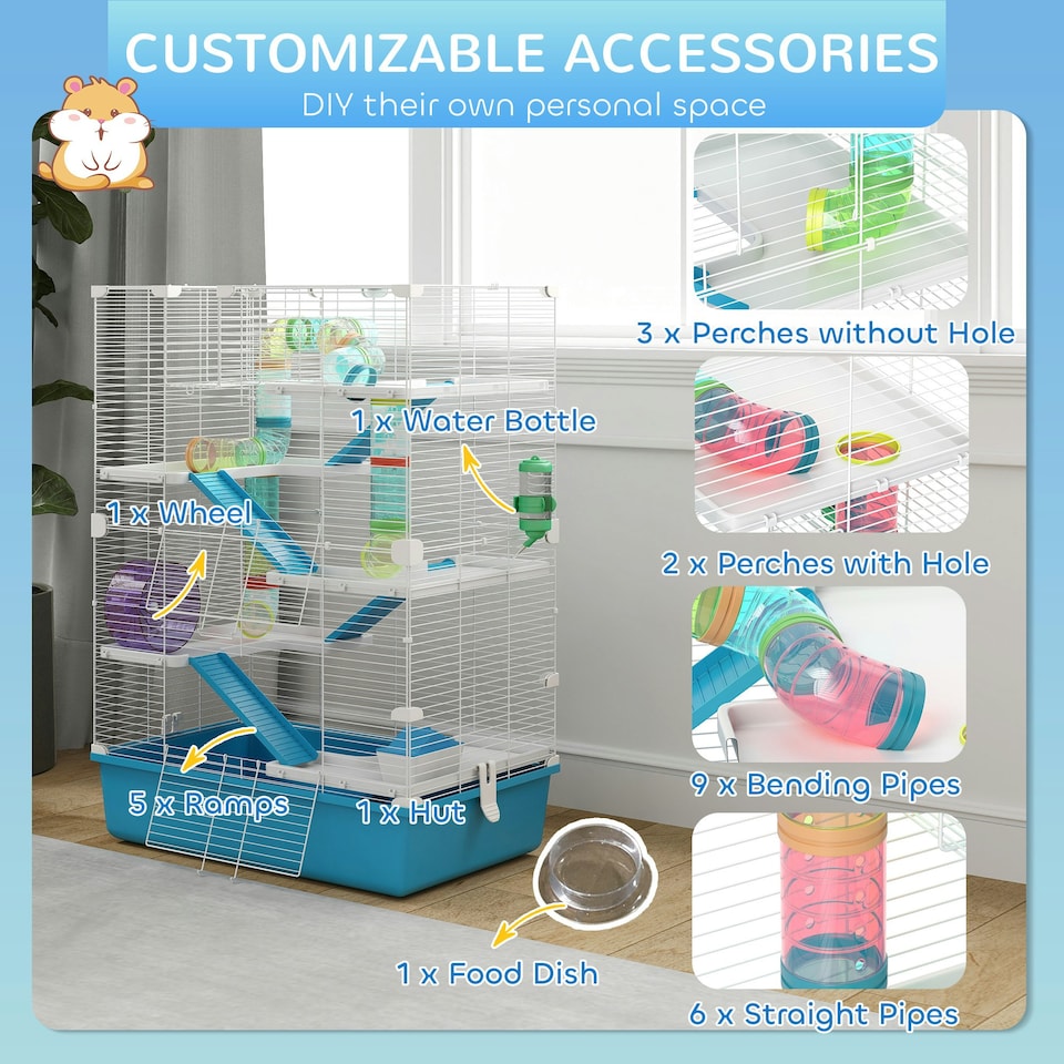 image 1 of PawHut 6 Tier Hamster Cage with Twin Tower and Accessories, Light Blue
