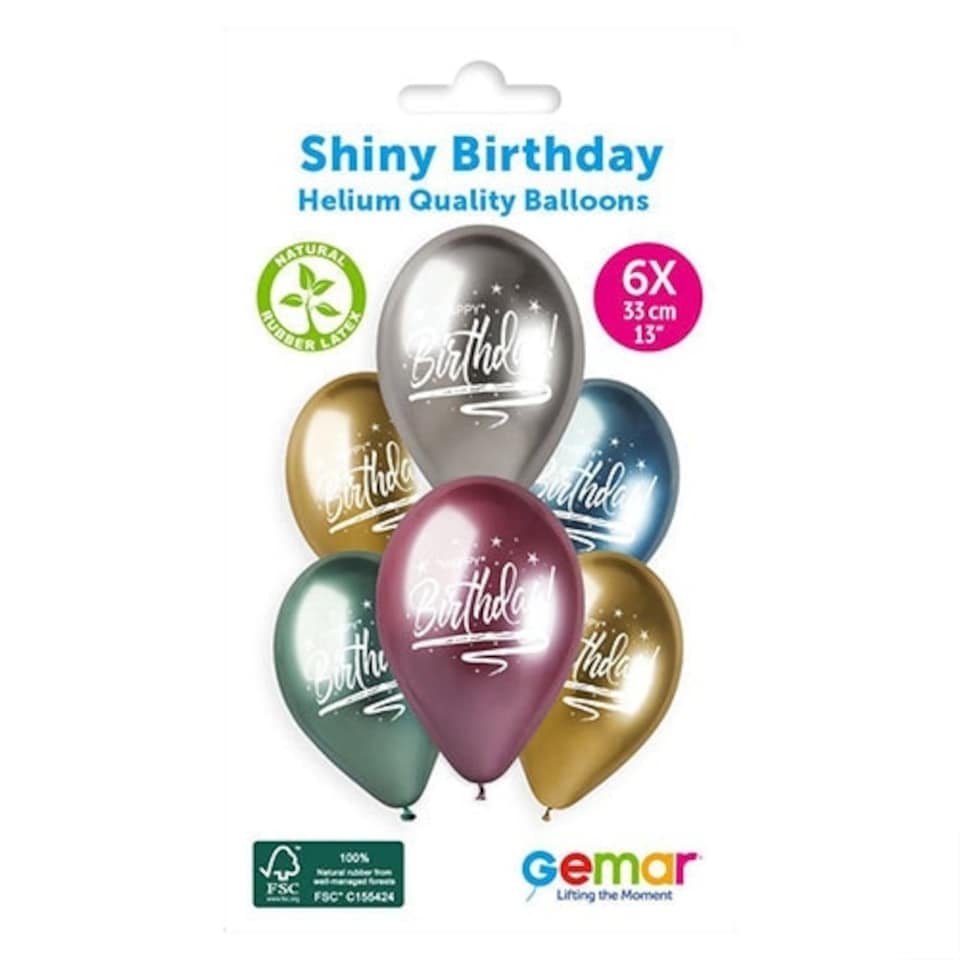 image 1 of Assorted Colour Happy Birthday Shiny Metallic Latex Balloons 33cm / 13 in - Pack of 6