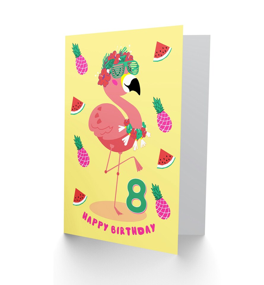 image 1 of Flamingo Fruit Fun Cartoon Age 8 Year Old Child Kids 8th Birthday Card