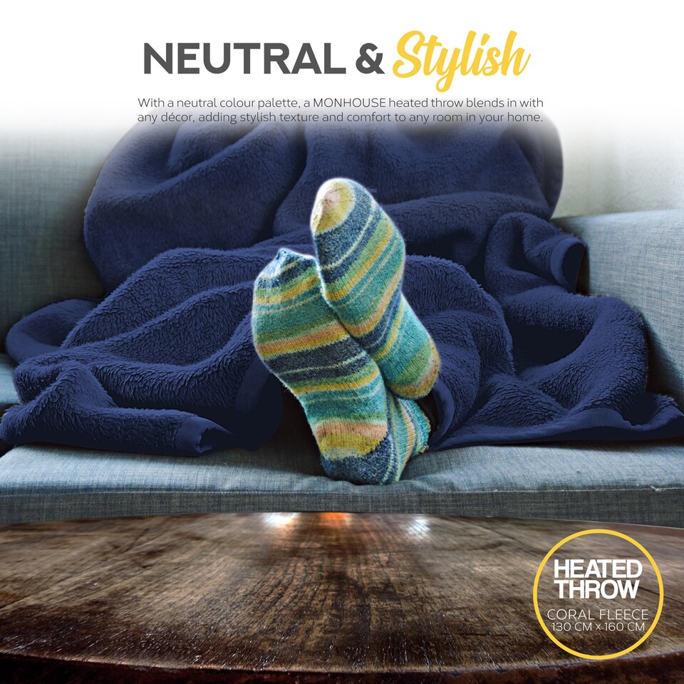 image 1 of Monhouse Heated Throw - Electric Blanket - Digital Controller - 9H Timer, 9 Heat Settings, Auto Shutoff - Single 130X160Cm | Blue | Navy Shearling | 1