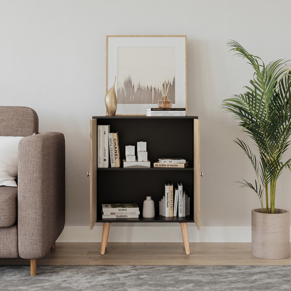 image 1 of Black 2-Tier 2-Door Wooden Cabinet With Legs | Brown | Oak & Beech | 0 x 0 x 0 | 1