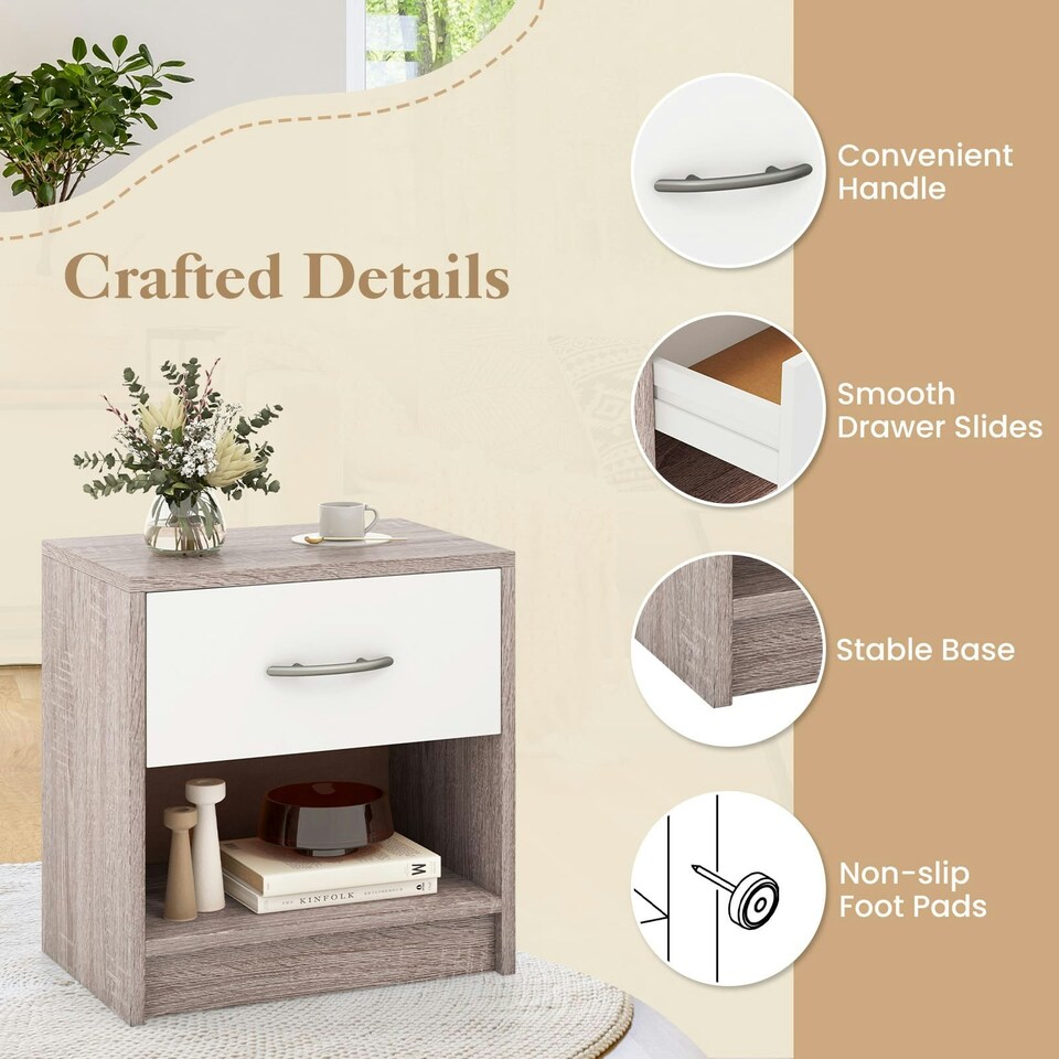 image 1 of COSTWAY Bedroom Nightstand 3-Tier Table w/Drawer Light Grey Grey