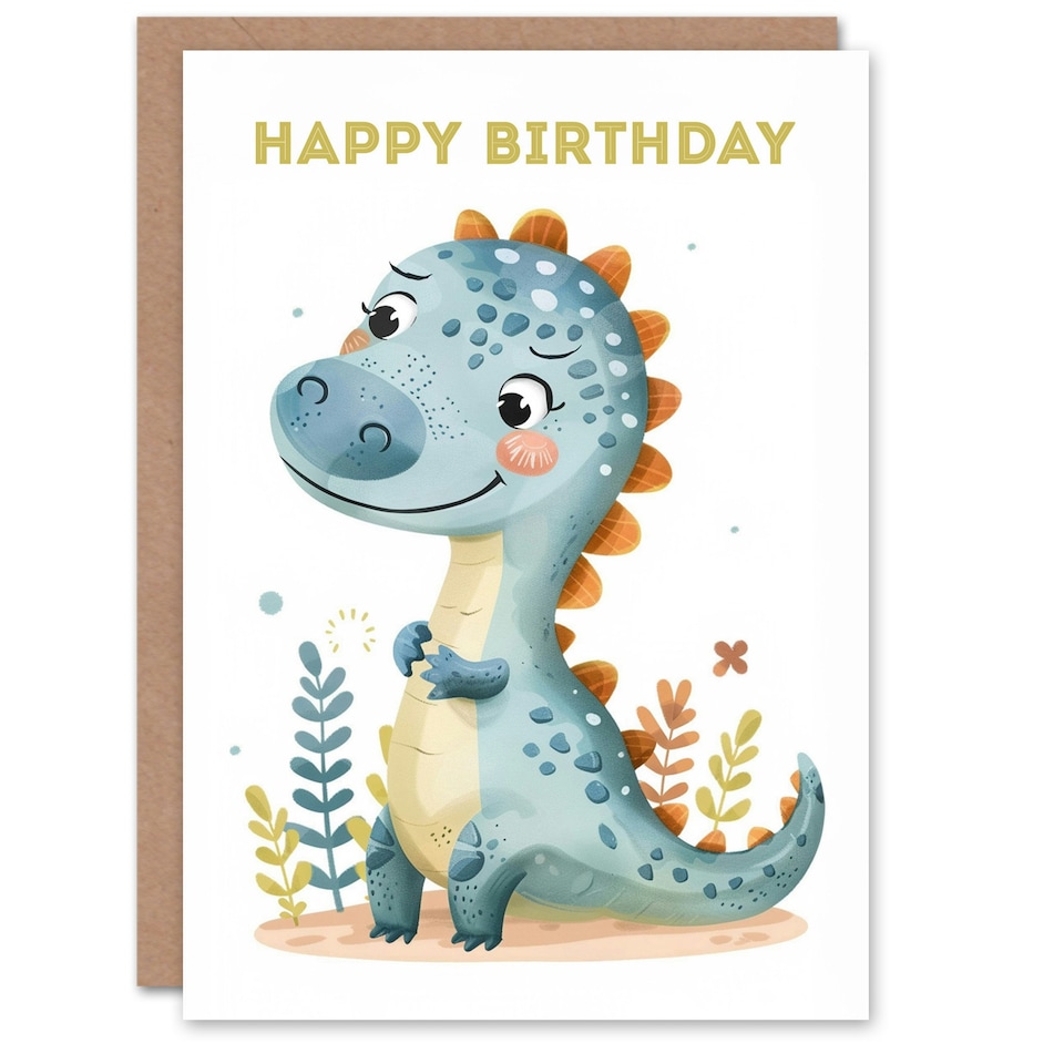 image 1 of Cute Dinosaur Cartoon Drawing Fun Kids Girl Child Kids Birthday Card