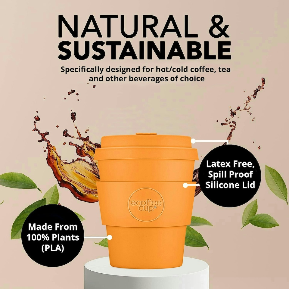 image 1 of Ecoffee Cup 8oz 240ml Reusable Eco-Friendly 100% Plant Based Coffee Cup with Silicone Lid & Sleeve - Melamine Free Travel Mug N/A | Alhambra