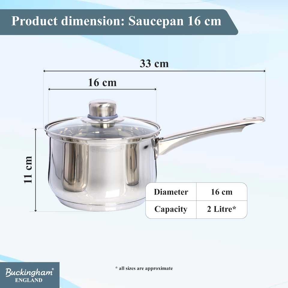 image 1 of Buckingham Stainless Steel Deep Saucepan with Glass Lid 16 cm , 2 Litre | Silver