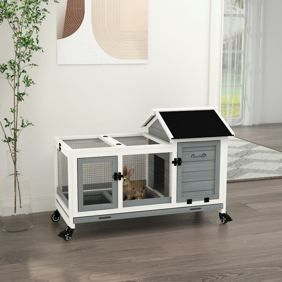 image 1 of PawHut Rabbit Hutch, Guinea Pig Cage with Wheels, Outdoor/Indoor, Grey