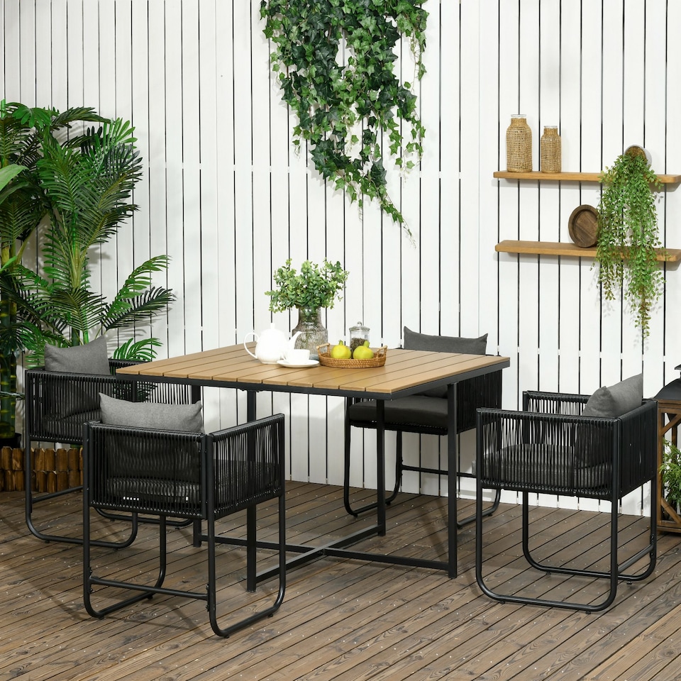 image 1 of Outsunny 4 Seater Rattan Cube Garden Furniture Set, Rattan Dining Set with Cushions, Outdoor Dining Table and Chairs with Rectangular Wood Grain Plastic Top Table for Patio, Balcony, Black
