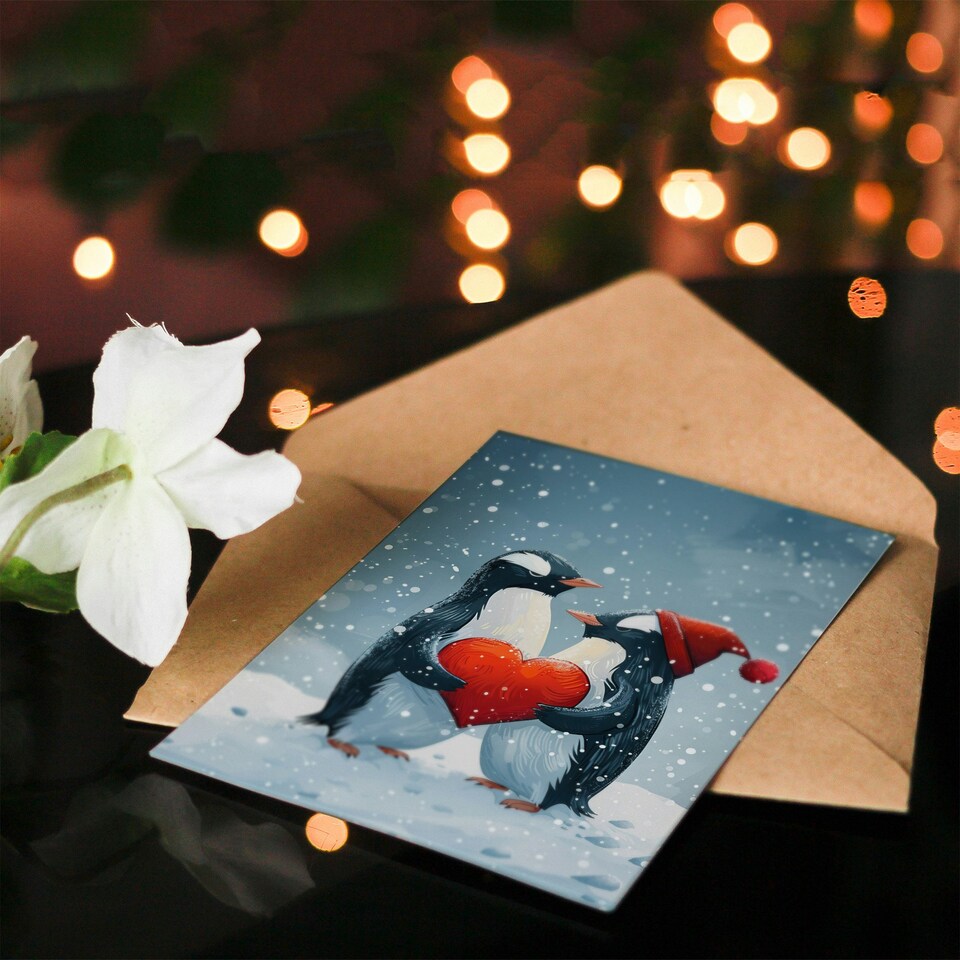 image 1 of Gentoo Penguins Couple Love Heart Blank For Him Or Her Art Xmas Festive Christmas Card