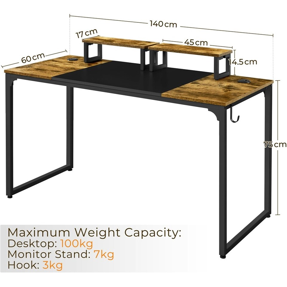 image 1 of Yaheetech Large Computer Desk with Movable Monitor Stands Brown | Rustic Brown