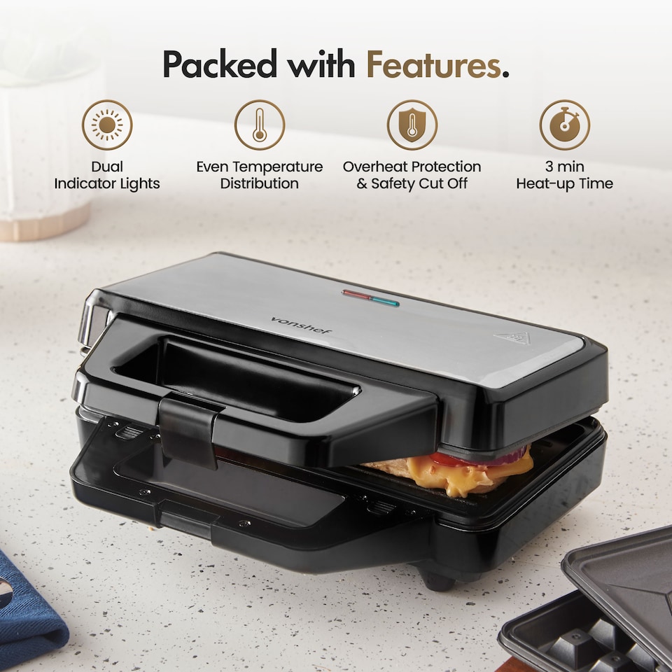 image 1 of VonShef 3 in 1 Snack Maker for Toasties, Waffles & Paninis