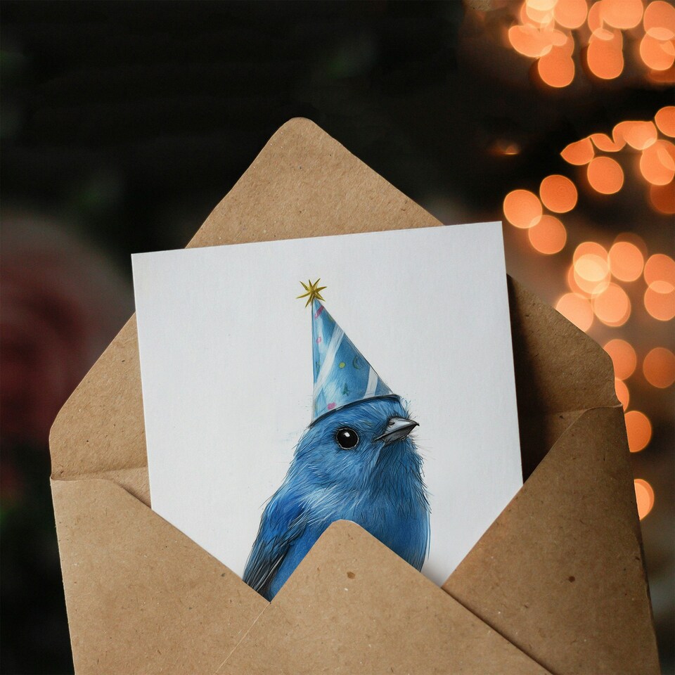 image 1 of Cute Blue Bird With a Party Hat Painting Birthday Card