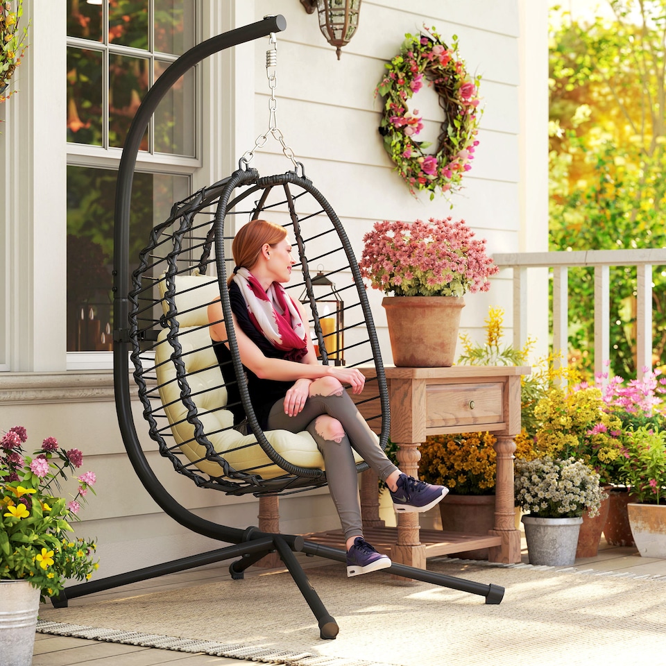 image 1 of Outsunny Rattan Hanging Egg Chair, Foldable Wicker Hammock Swing Chair with Cushion, Stand, Adjustable Height, Head Pillow, Steel Frame for Garden Patio Indoor Outdoor, Cream White | Cream | Cream