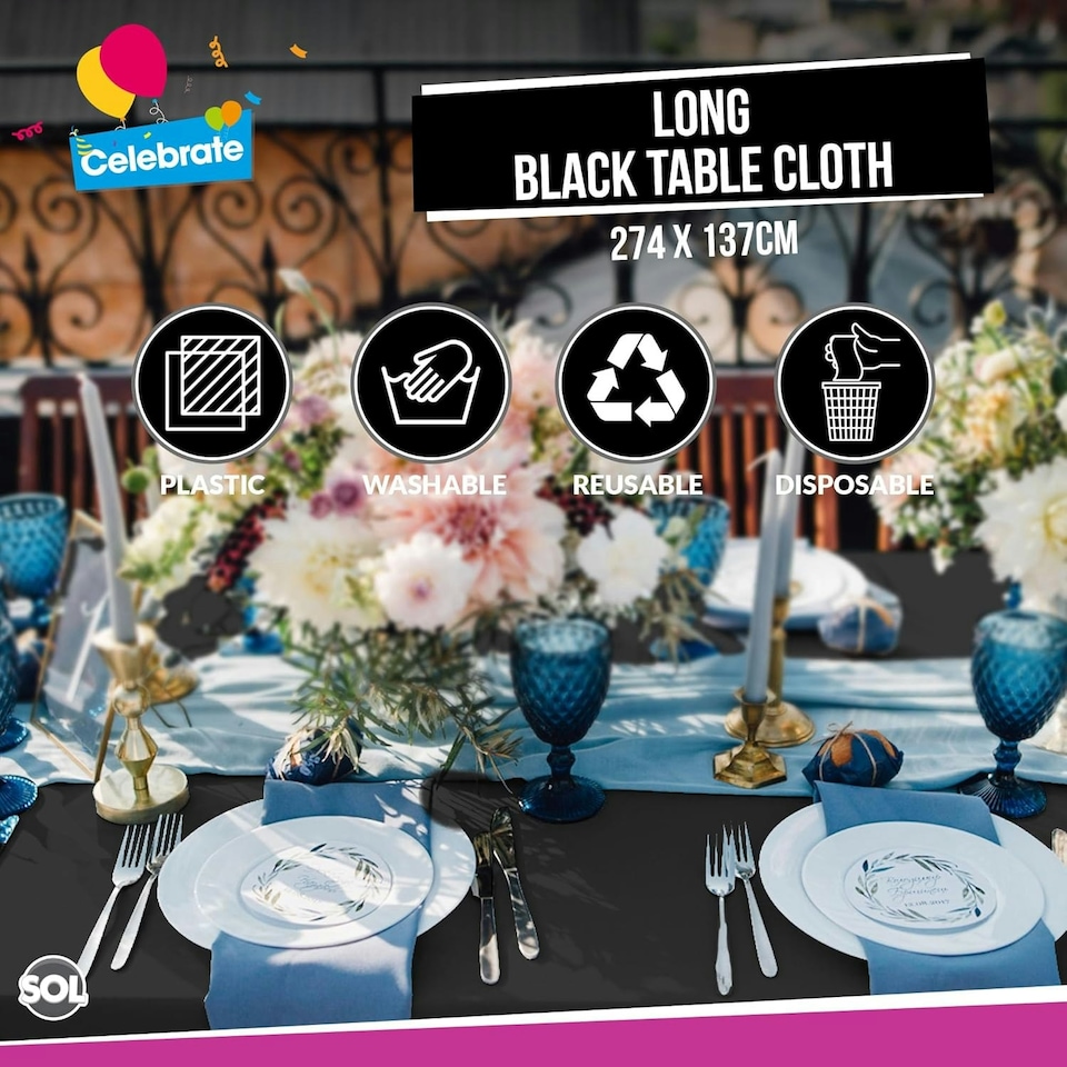 image 1 of SOL 4pk Long Black Table Cloth Party 274x137cm Plastic Cover Tablecloth Black