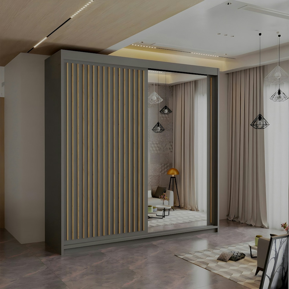 image 1 of Modern Vertical Panelled Sliding Wardrobe 150cm | White/Black/Grey/Oak 2-Door Bedroom Storage Grey | (Oak Strip) 150cm