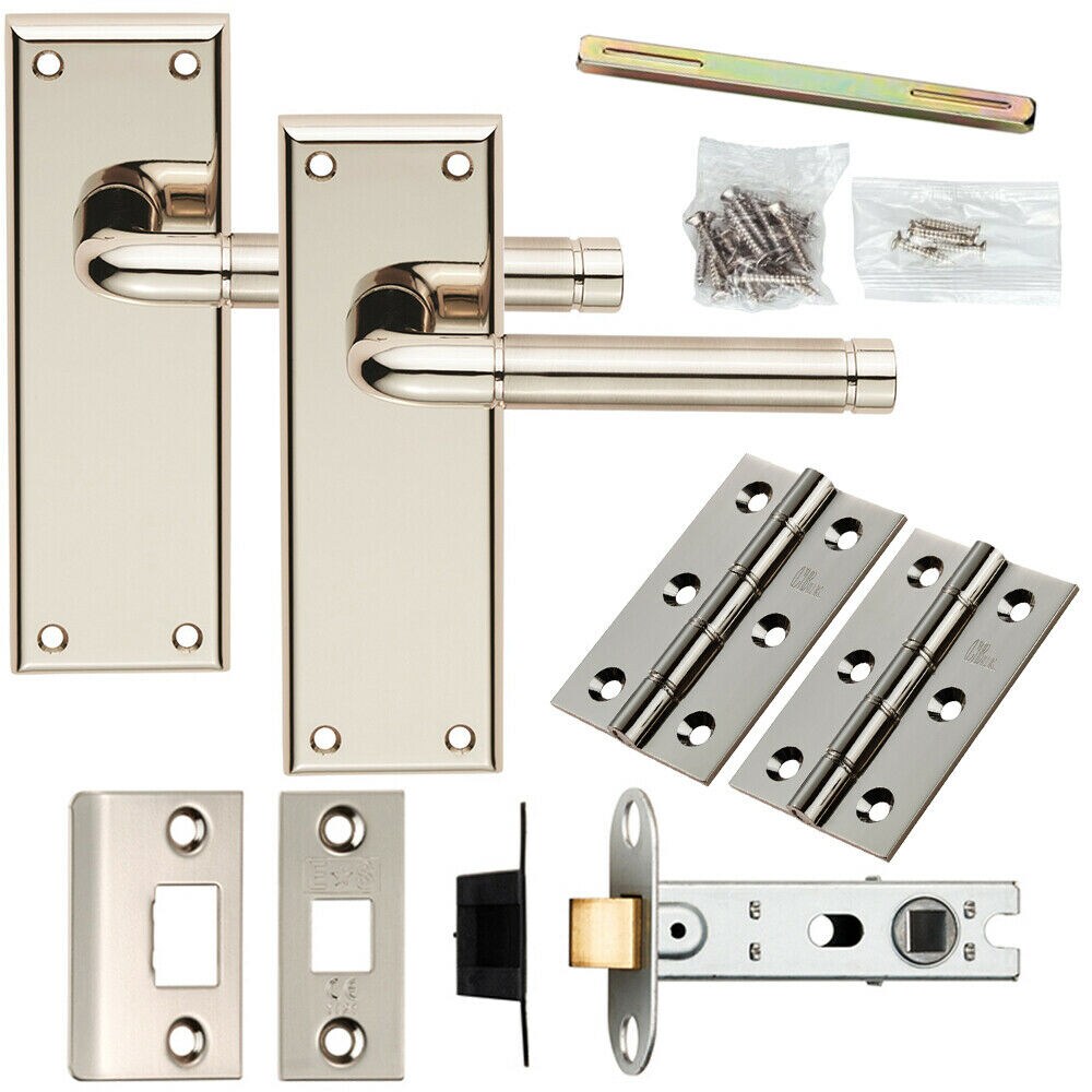 Loops Door Handle & Latch Pack Polished & Satin Nickel Round Lever Latch Backplate in Metallics