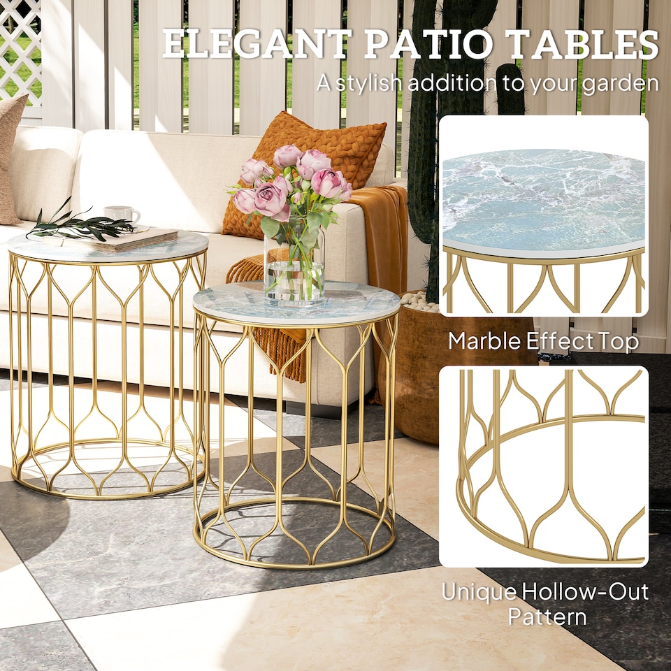 image 1 of Outsunny Round Coffee Table Set of 2, Modern Nesting Tables with Ceramic Tile Top, Small End Tables, Indoor Outdoor Side Table with Metal Frame for Living Room, Bedroom, Patio, Balcony, Multicoloured | Multi | Multicoloured