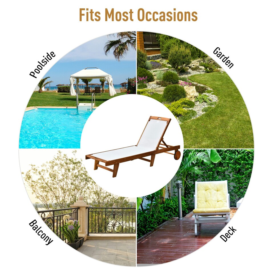 image 1 of Outsunny Outdoor Texteline Chaise Sun Lounger Acacia Wood Bed Recliner w/ Wheels
