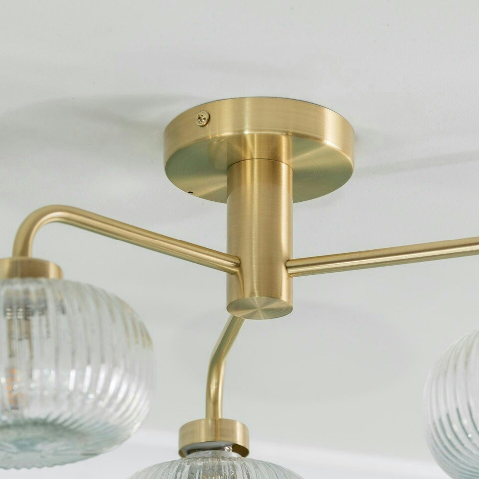 image 1 of ValueLights Amaia Brushed Gold IP44 3 Way Clear Ribbed Glass Ceiling Light with LED Bulbs