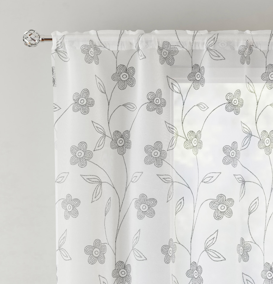image 1 of Pair of Sienna Grey Floral Paste Print Patterned Voile Panels with Rod Pocket Header 137 CM