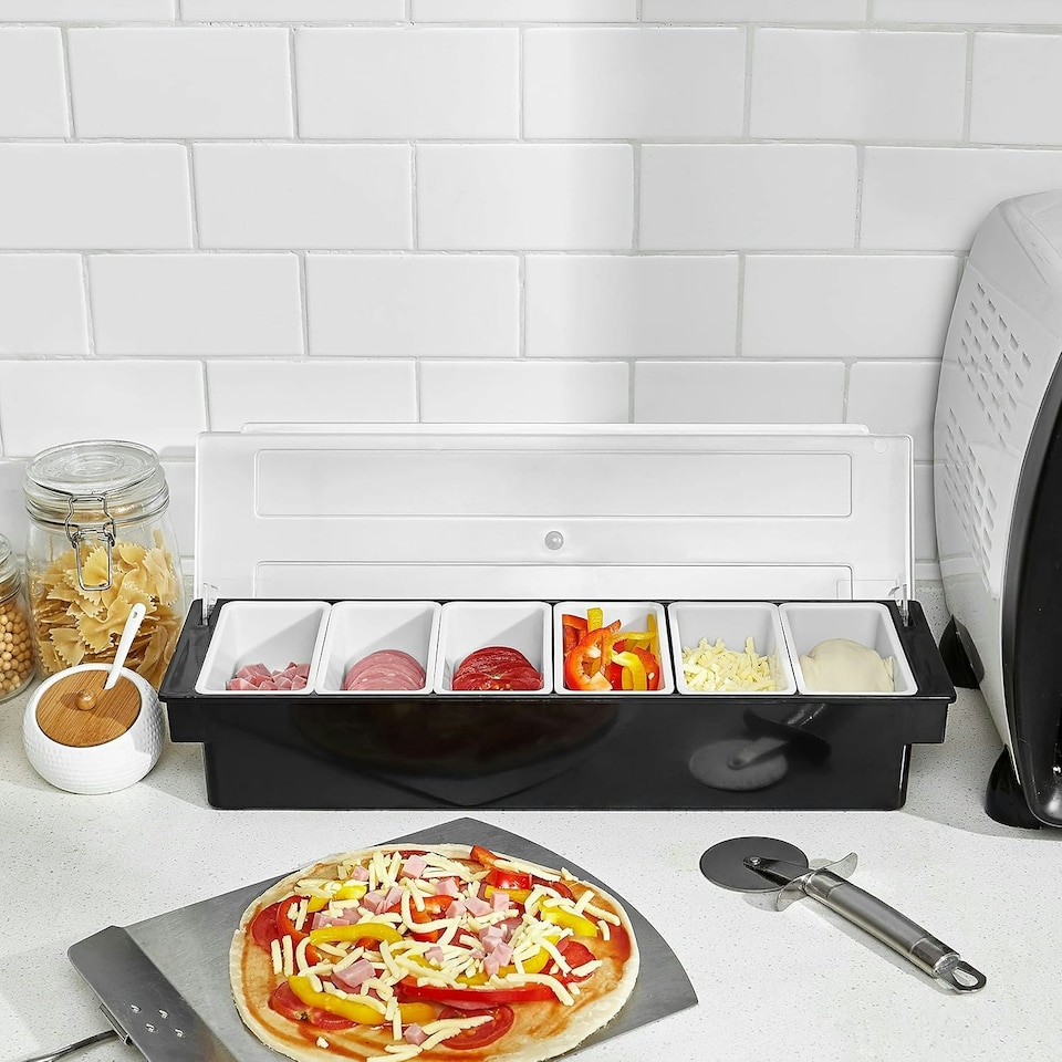 image 1 of 6 Compartment Trays Detachable Pizza Topping Station Reusable Container