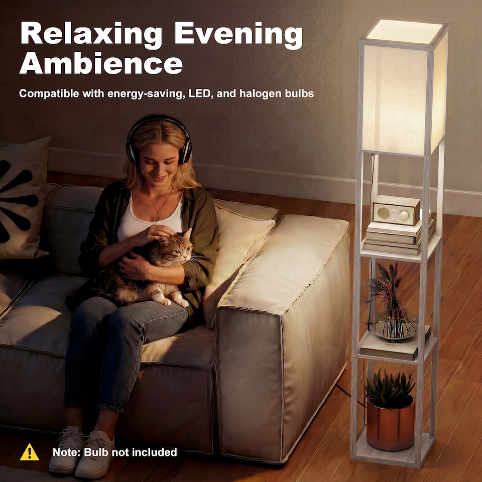 image 1 of HOMCOM Floor Lamp Reading Lamp with 3-Tier Storage Shelf for Home Office Oak