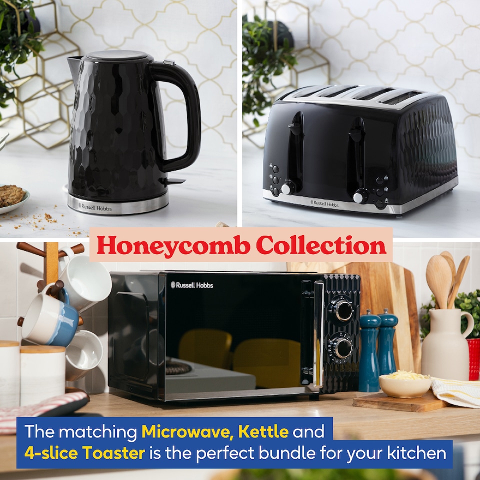 image 1 of Russell Hobbs Honeycomb Bundle Set with Kettle, 4 Slice Toaster, and Microwave Black HCBNDL4B