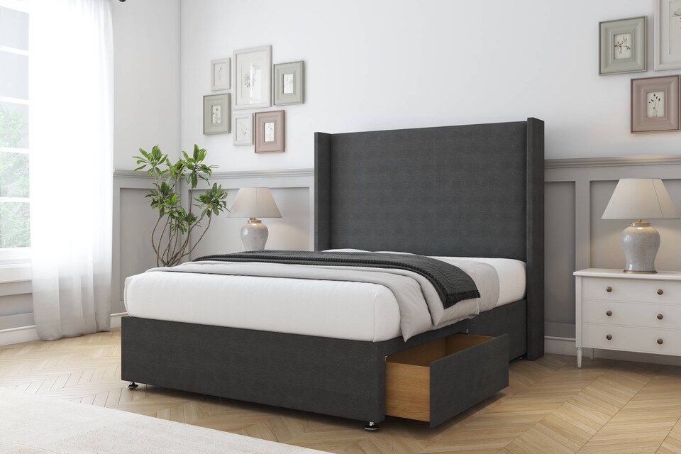 image 1 of Sloomy Devonshire Graphite Dumfries Divan Bed With Mattress 2 Drawers Footend With 54" Wingback Headboard 6' Super King | Grey | Graphite | Super King | 1