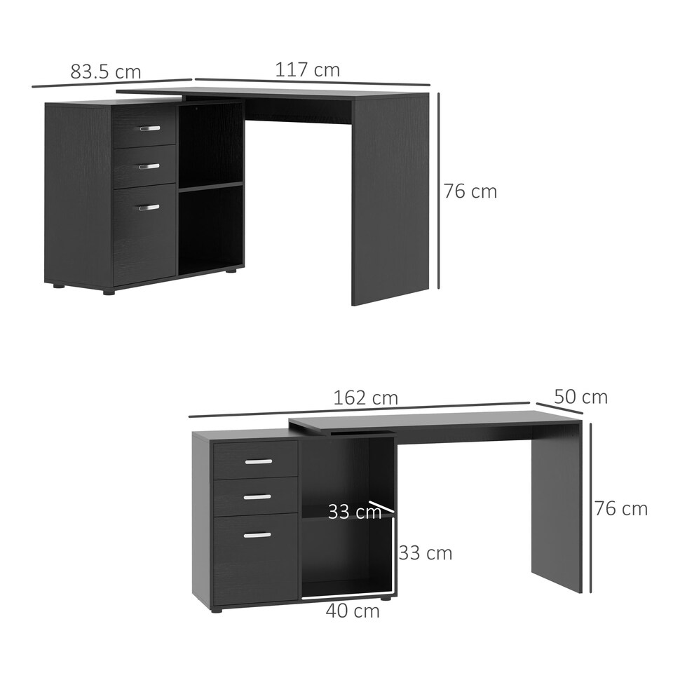 image 1 of HOMCOM L Shaped Computer Desk, Reversible Home Office Desk with Drawers, File Cabinet and Storage Shelves, Study Table, 117 x 83.5 x 76cm, Black