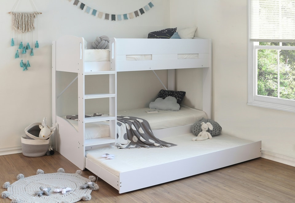 image 1 of Billie Single Bunk Bed White With Pull Out Trundle | White | Single