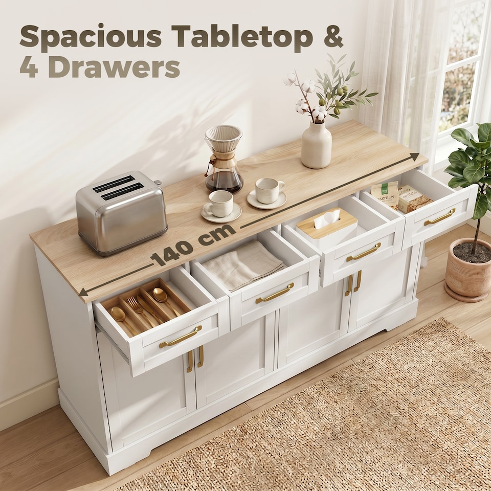 image 1 of HOMCOM Sideboard with 4 Drawers, 4 Doors and 2 Adjustable Shelves, White